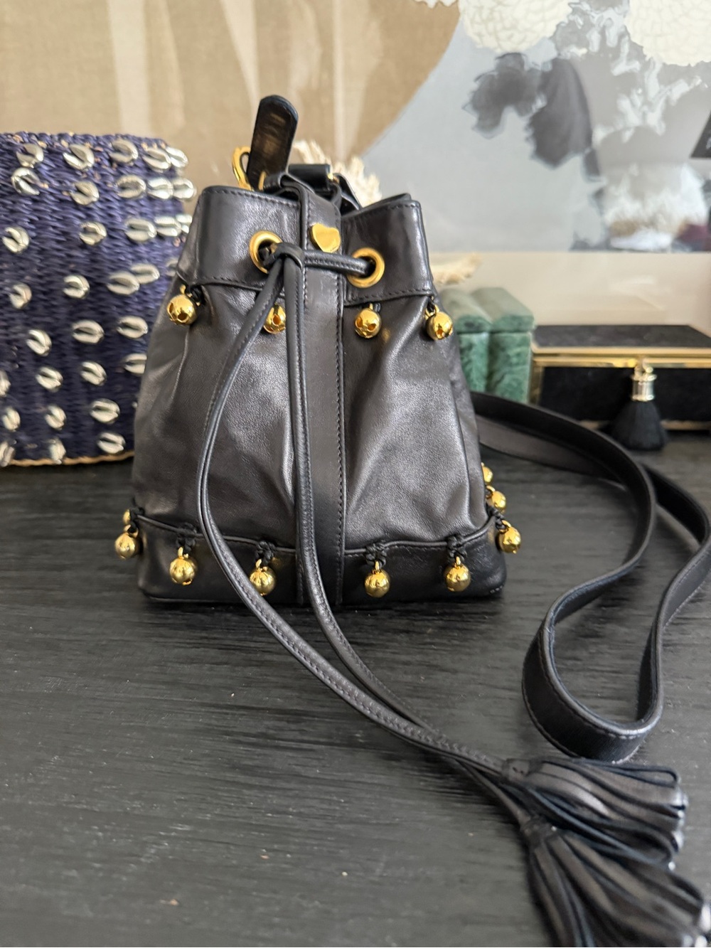 Vintage Sepcoeur Paris Studded Leather Bucket Bag Black Mini